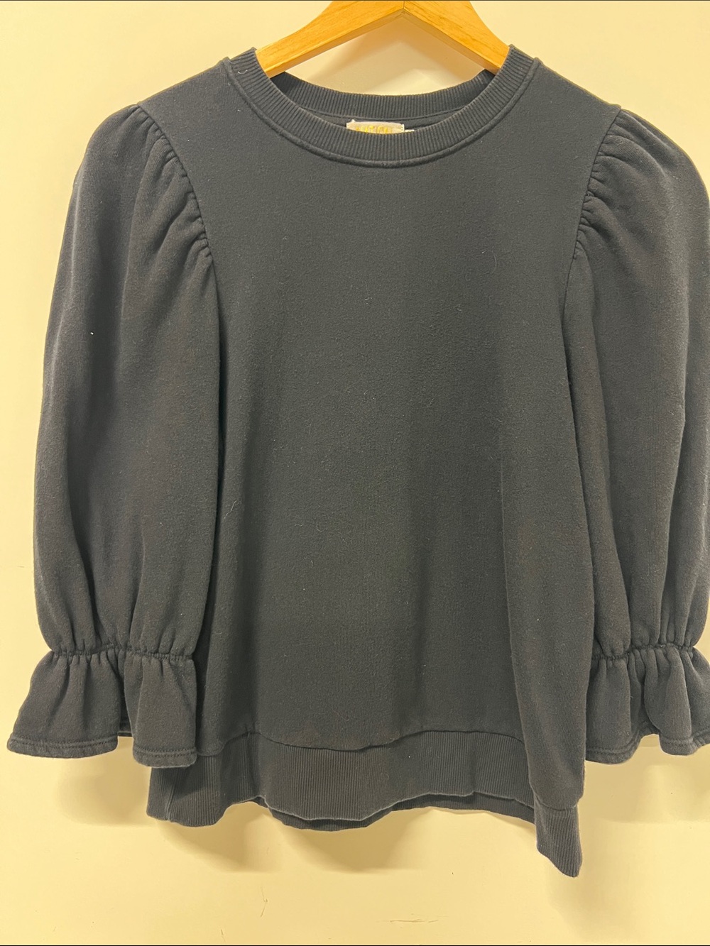 National LTD 3/4 Puff Sleeve, Black, Crew Neck, 100% Cotton, Ruffle Cuff, Small
